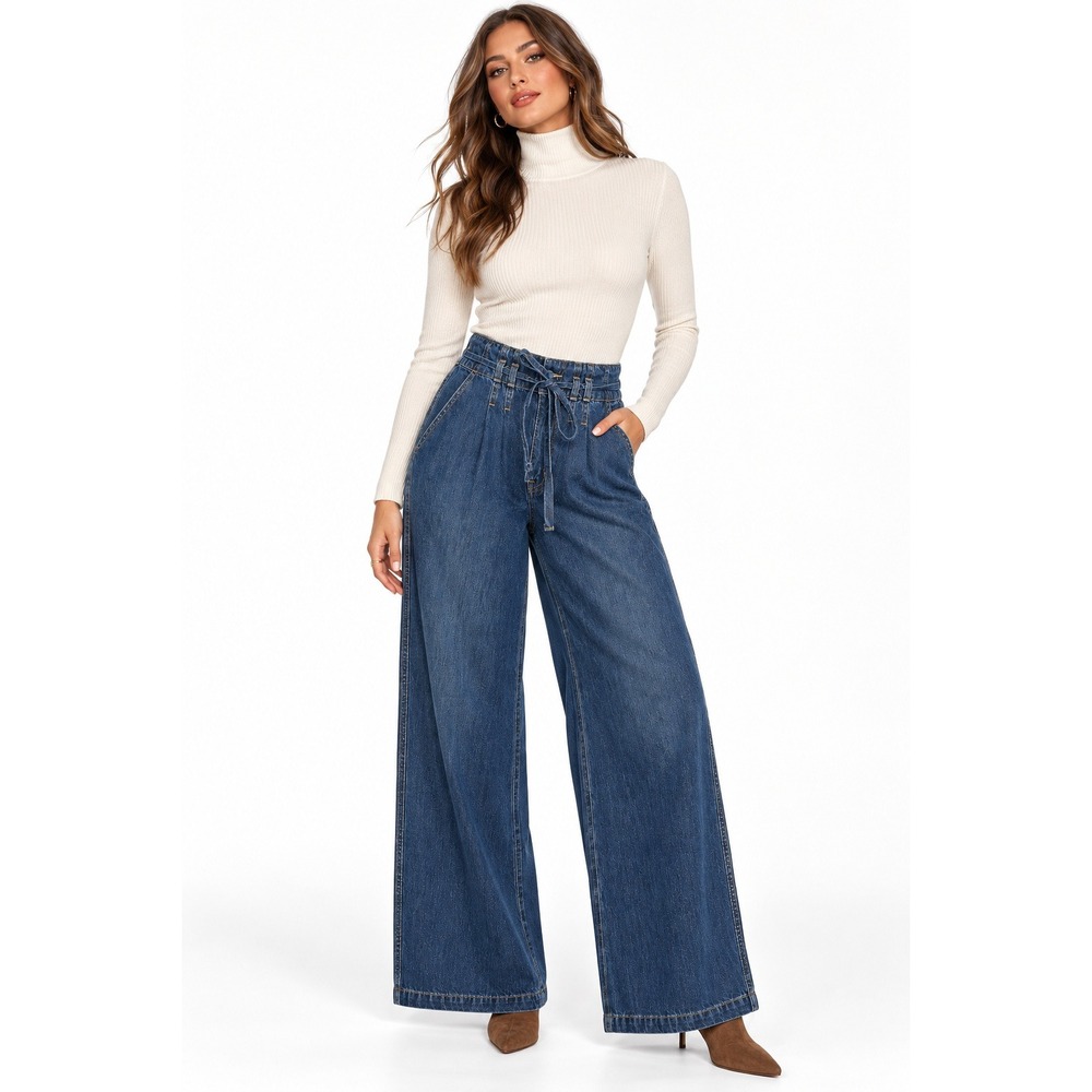 Lovervet by Vervet Super High Wide Leg Pleated Tie Jeans Navy 26/3 NWT